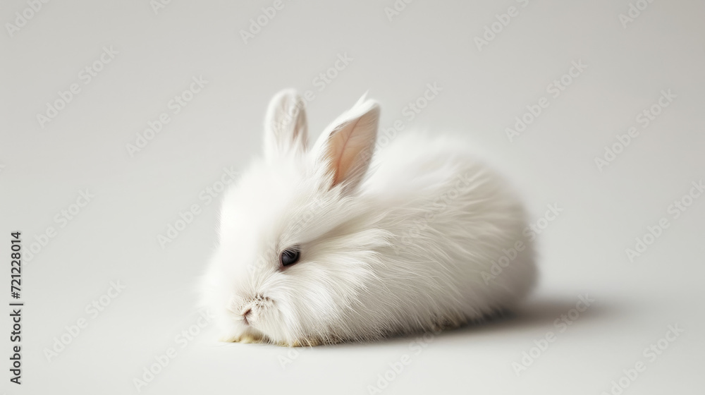 White fluffy rabbit sleeps on its back. Light background. Copy space. Greeting card concept. Generative AI White fluffy rabbit sleeps on its back. Light background. Copy space. Greeting card concept. Generative AI