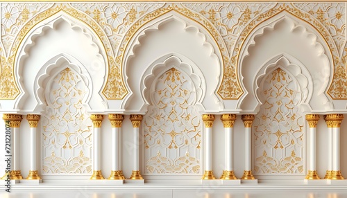 3d render of white marble mosque wall with gold Arabic ornament