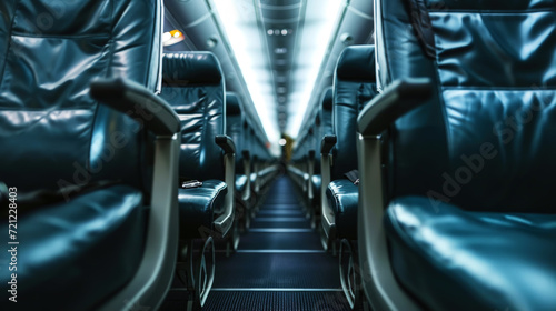 Close-up of a row of leather seats in an airplane cabin. Business trip concept. Generative AI