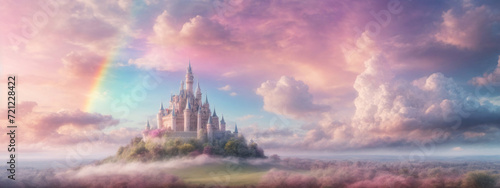 Pastel rainbow sky with fluffy clouds, unicorn and fantasy castle, 4K dreamscape
