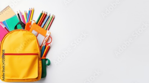 Vibrant back to school backpack with colorful supplies on white background – educational flat lay, top view, copy space