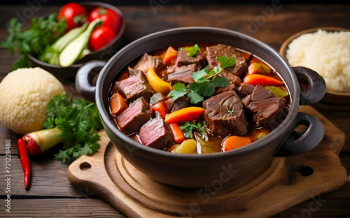 Delicious asian food braised beef stew with fresh vegetables and herbs on wooden table Top view