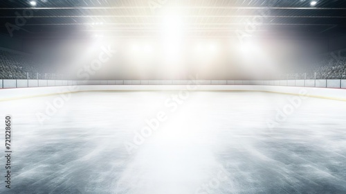 An empty hockey rink with a bright light shining photo