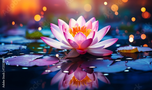 Ethereal Pink Lotus Flower Blooming Serenely on Tranquil Water with Vibrant Bokeh Lights, Symbolizing Peace, Purity, and Spiritual Awakening
