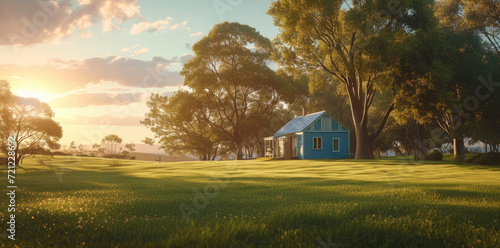 houses with grass on yard near a beautiful sun
