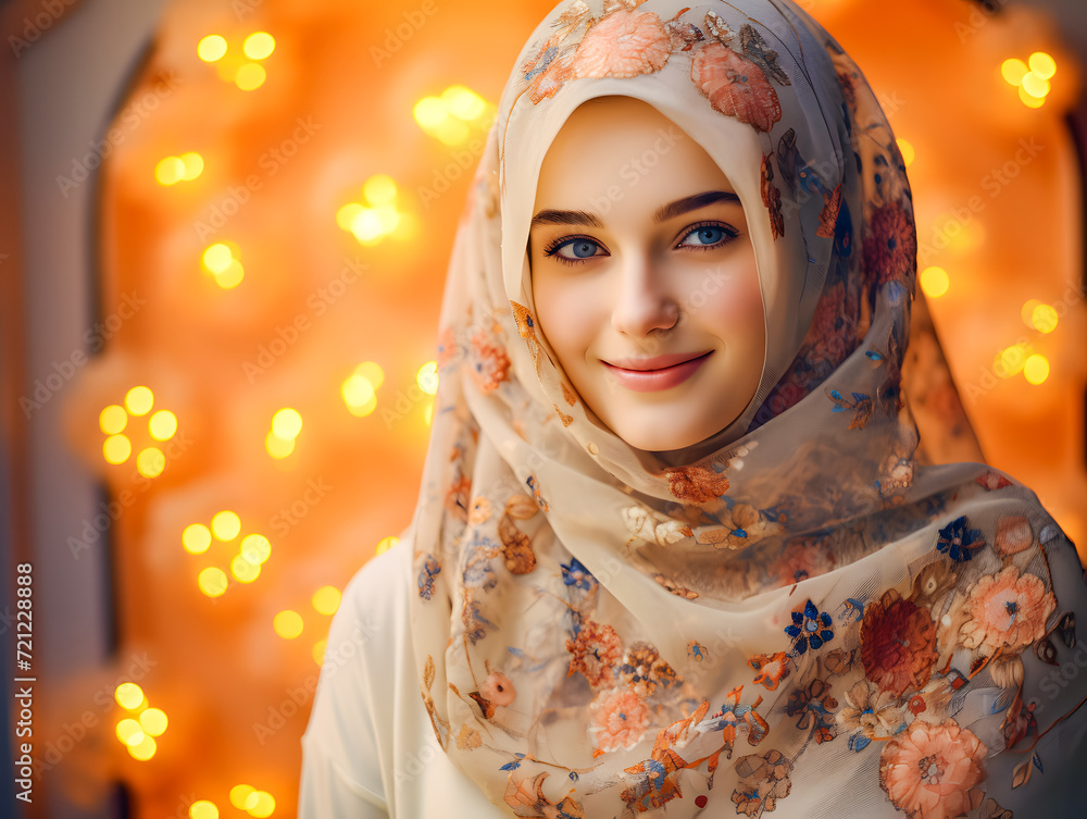 Smiling beautiful Muslim woman in hijab with lights bokeh at mosque. eid mubarak Ramadan concept
