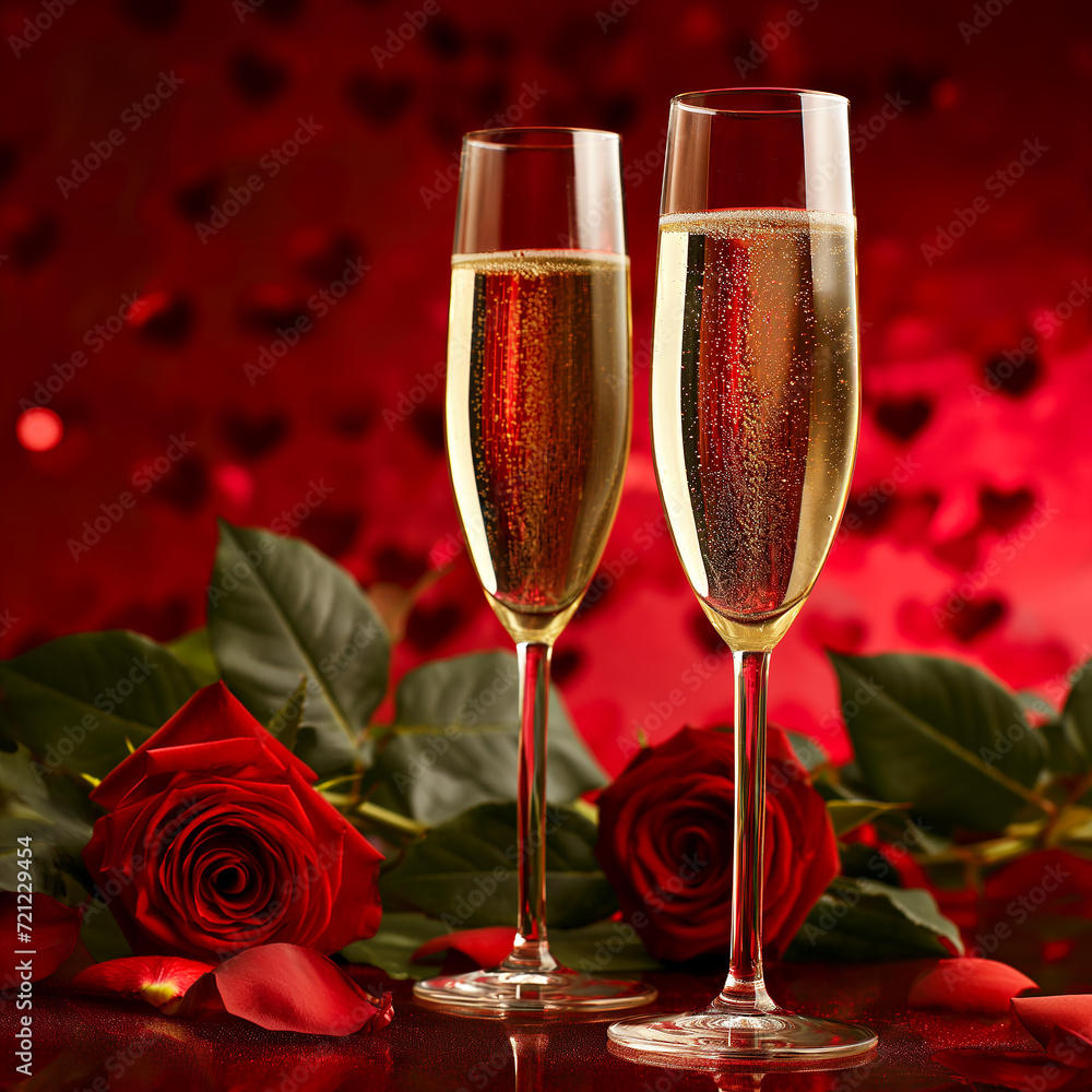 two glasses of champagne in a romantic way, bow, on the table, glamour, roses, Saint Valentine's theme, red, red background, leather, hide, sharp focus, shiny, glossy two glasses of champagne in a romantic way, bow, on the table, glamour, roses, Saint Valentine's theme, red, red background, leather, hide, sharp focus, shiny, glossy