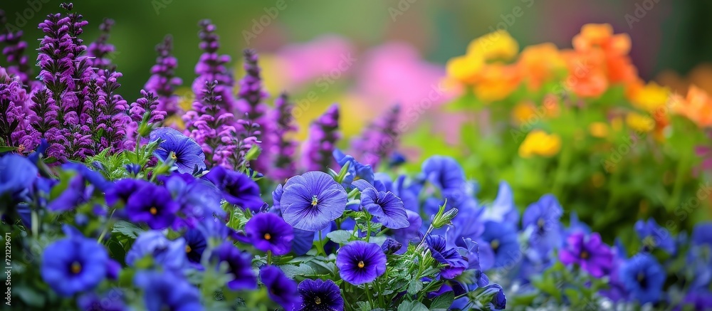 Obraz premium Blue and Purple Blooming Garden Flowers: A Colorful Display of Blue, Purple, Garden, Flower Elegance.