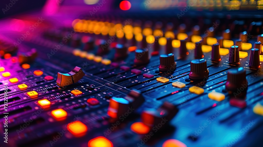 colorful music audio mixing board in closeup of a recording, audio track background in a dark recording,  industrial machinery aesthetics, multimedia, selective focus, brightly colored