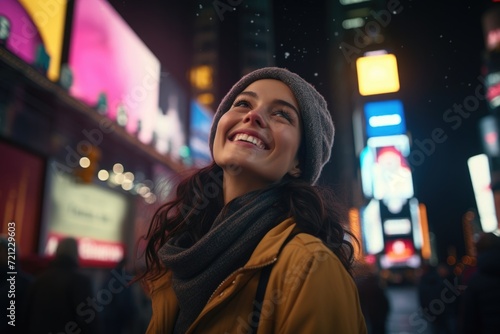 Usa new york city smiling young woman on times square at night looking up