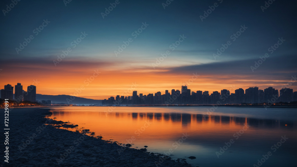 Twilight horizon with hues of orange and indigo, cityscape and reflection, 4K city lights