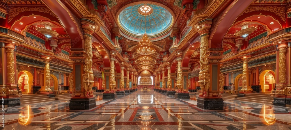 Grand Hindu mandir interior. Generative AI technology.