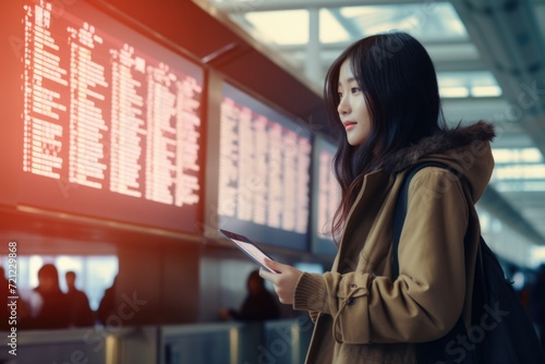 Asian woman using smartphone in airport, checking flight © darshika