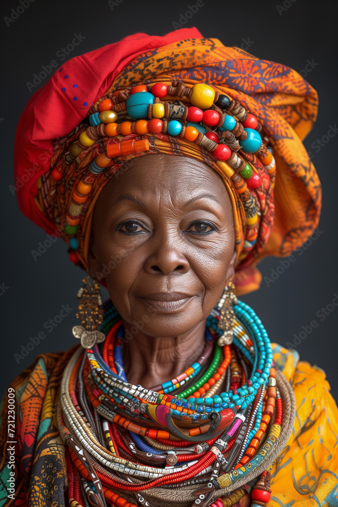 Professional art portrait of senior black woman in african traditional ethnic attire.