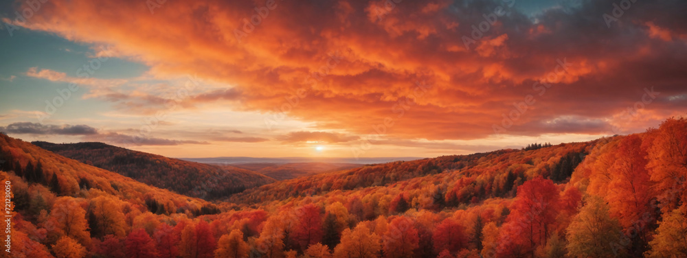 Vibrant autumn sky with orange and red leaves, forest landscape, 4K fall colors