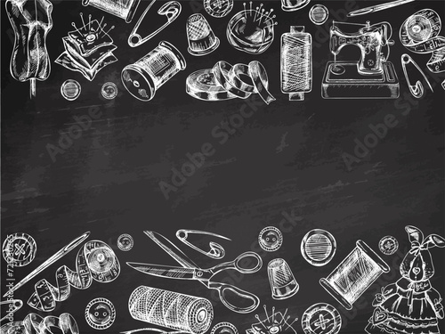Vintage hand drawn sewing template. Handmade, sewing equipment concept in vintage doodle style. Template with an empty space in the center.