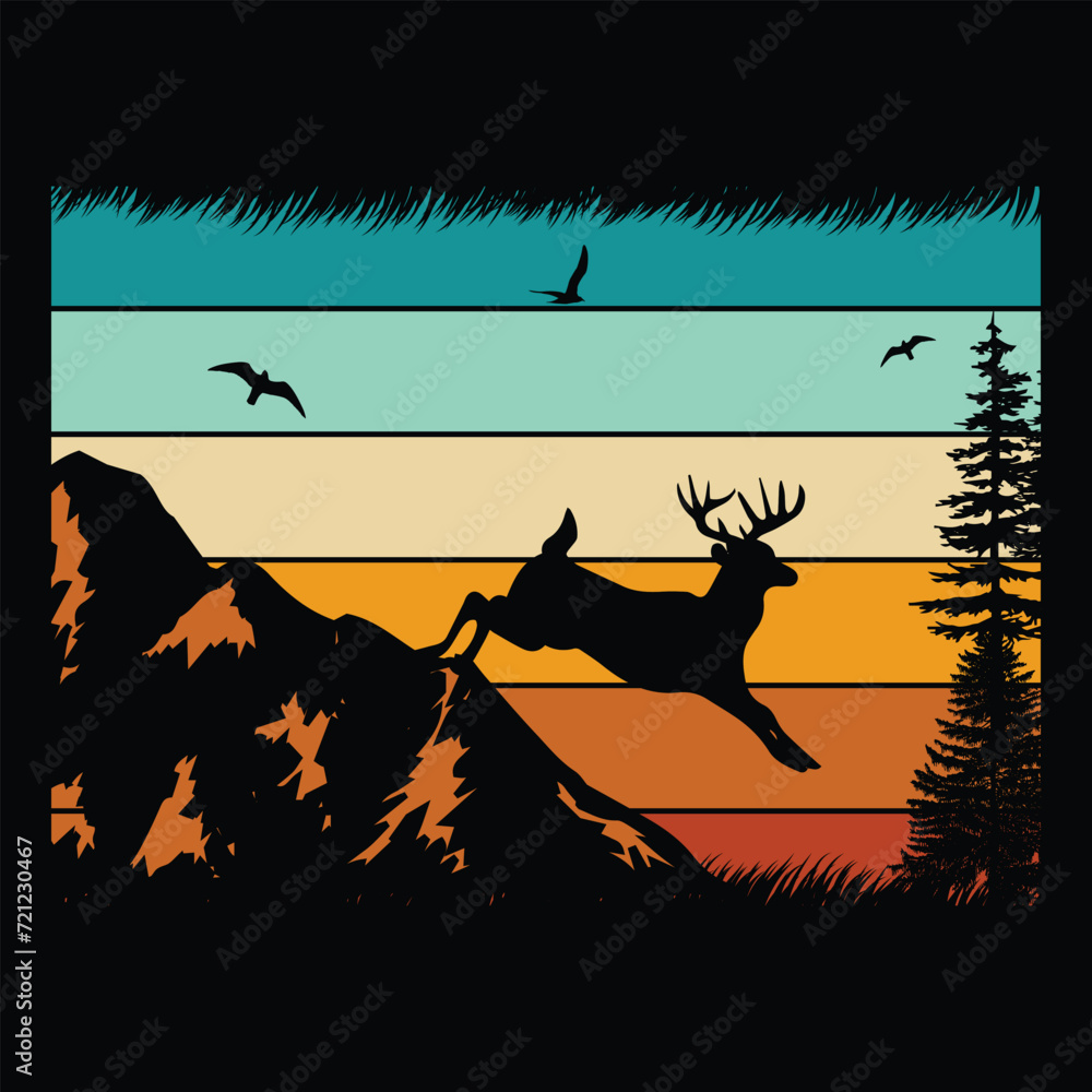 Fototapeta premium Mountain Deer Hunting Retro Sunset Design for T-Shirt, Banner, Poster, Banner, Hoodie