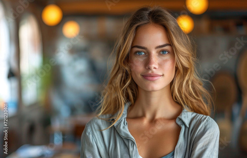 Beautiful young woman standing looking straight ahead, wearing a stylish shirt