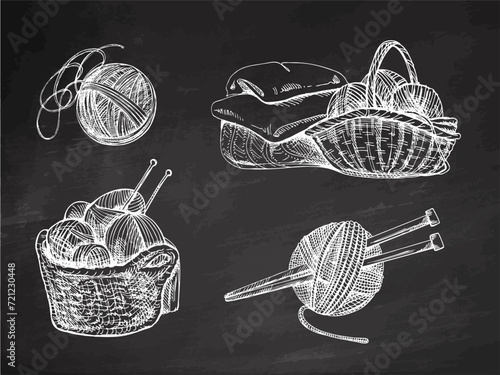 Hand-drawn sketch of basket with balls of yarn, wool, knitted goods on chalkboard background. Knitwear, handmade, knitting equipment concept in vintage doodle style. Engraving style. photo