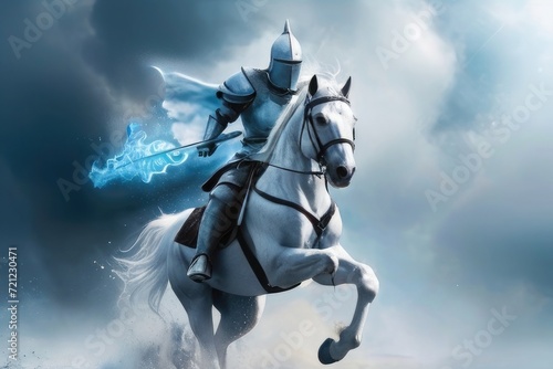 White Arabian horse warrior on a horse in a desert with sword.