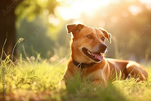 Cheerful cute dog running and playing in nature