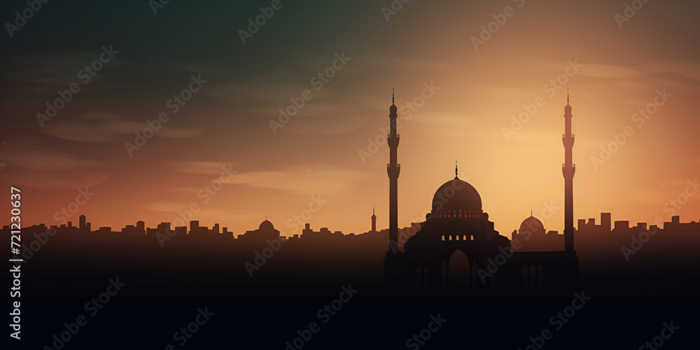 Mosques with Dome and Crescent representing Islamic traditions and celebrations on a twilight sky with space for arabic text symbolizing Ramadan Eid al Adha Eid a.