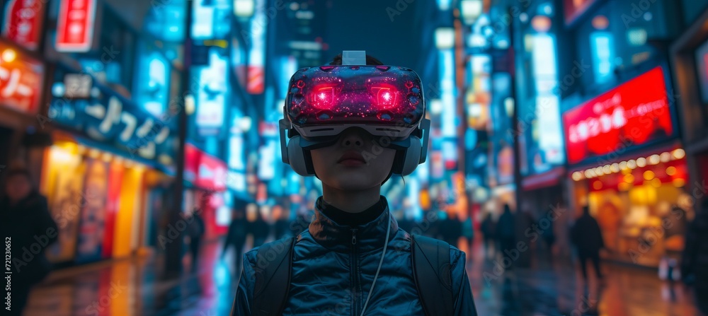 A woman using virtual reality headset for simulation. Generative AI technology.