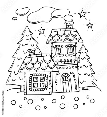 Gingerbread house coloring page. Village in fir forest. Hand drawn illustration for children adults.