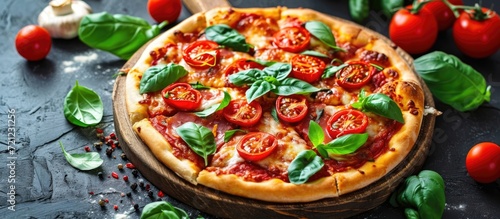 Fresh homemade pizza with authentic recipe, healthy organic toppings.