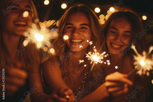 friends having fun with sparklers at the party at night