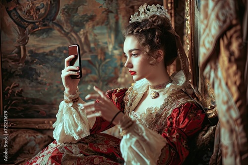 Social Media Creative History, Girl with Phone As Renaissance Antique Model, Vintage Princess with Smartphone
