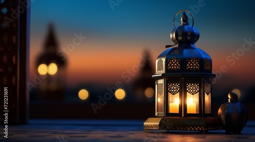 an elegant lantern bathes the surroundings in a warm ramadan night
