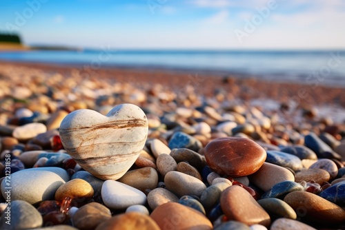 Stone Heart on Pebble Beach  Shining Ocean Water  Rocky Shore Love Symbole  Summer Pebble Heart