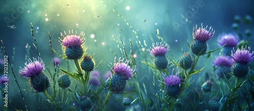 Enchanting Thistle Flowers Adorn Majestic Green Meadow in a Wild Showcase