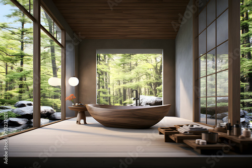 bathroom with a wooden bathtub stone flooring
