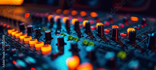 colorful music audio mixing board in closeup of a recording, audio track background in a dark recording,  industrial machinery aesthetics, multimedia, selective focus, brightly colored photo