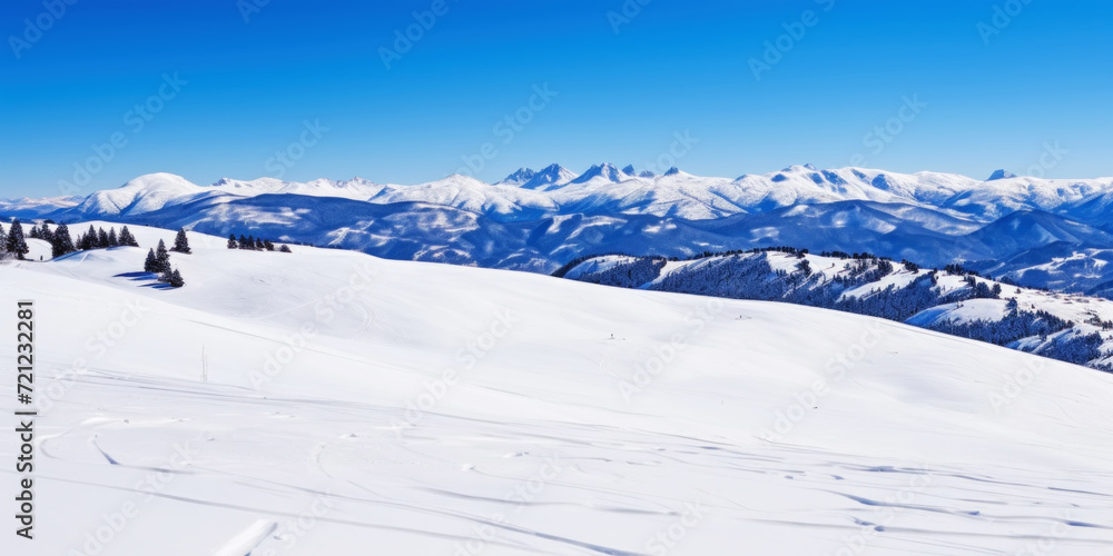Winter mountain peaks are covered with snow. Ski landscape. Freeriding. Winter sports concept. Generative AI