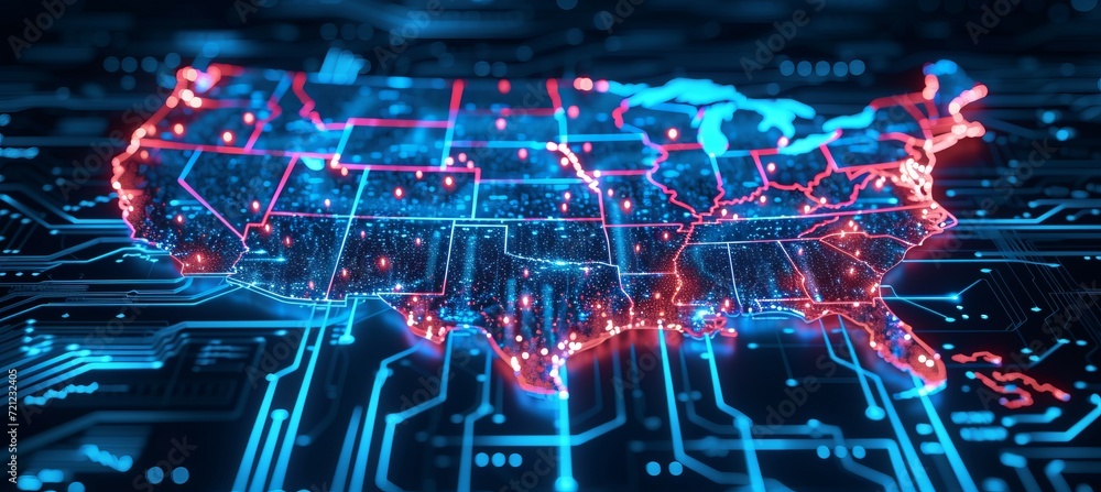 USA map smart network. Internet, connection, data, cyber, communication, and technology. Generative AI technology.