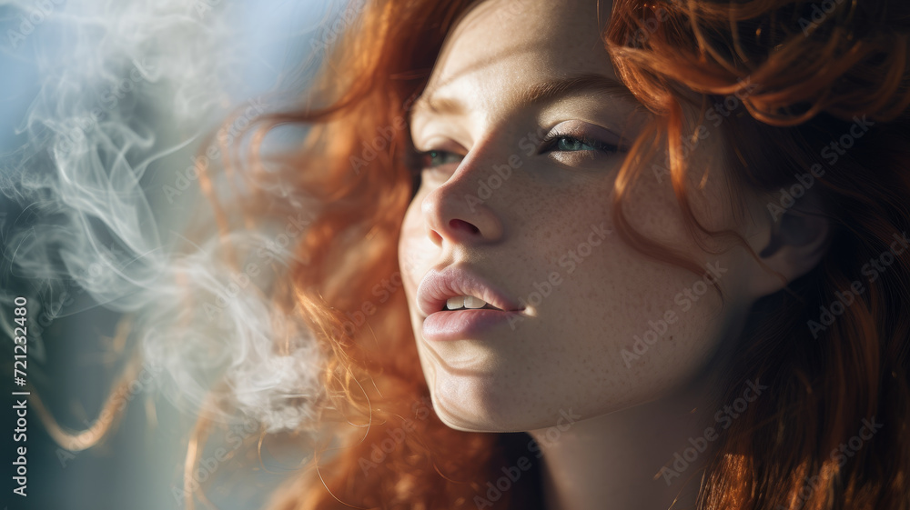 Smoking redhead with long hair exudes elegance and beauty
