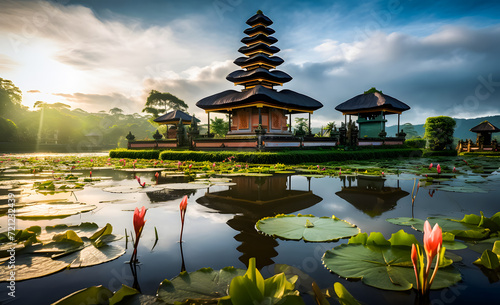 Pura temple on the lake at sunrise and reflection in water, Nyepi at Bali, Indonesia © Iwankrwn