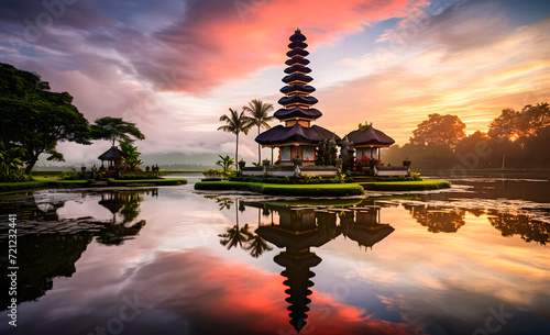 Pura temple on the lake at sunrise and reflection in water, Nyepi at Bali, Indonesia
