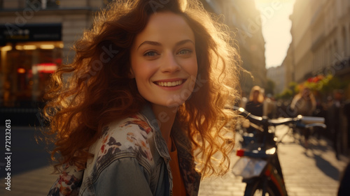 A red-haired woman under the summer sun radiates happiness and beauty