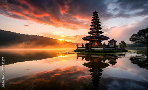 Pura temple on the lake at sunrise and reflection in water  Nyepi at Bali  Indonesia