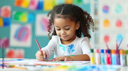 Cute Black kindergarten age girl sitting at the table in a room drawing painting. Arts education fun activities photo