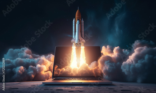 Rocket Launching from Laptop - Symbolizing Business Growth, Start-Up Success, and Innovative Technology Concepts