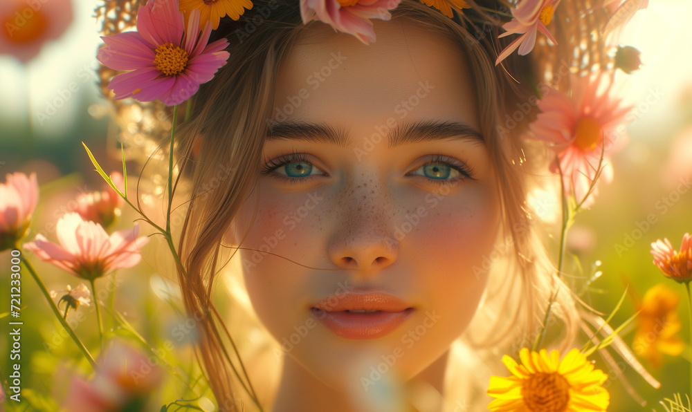 Spring's Awakening a Portrait of a Young Woman Embraced by the Harmony of a Blooming Meadow, Capturing the Fresh Essence of Spring and the Joy of Youth Spring's Awakening a Portrait of a Young Woman Embraced by the Harmony of a Blooming Meadow, Capturing the Fresh Essence of Spring and the Joy of Youth