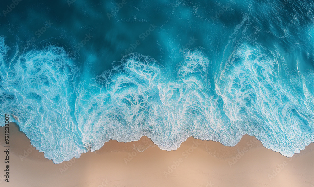 Ocean's Embrace: Aerial Perspective of the Shimmering Shoreline Where Waves Meet Sand in a Mesmerizing Dance, Top view with the drone Ocean's Embrace: Aerial Perspective of the Shimmering Shoreline Where Waves Meet Sand in a Mesmerizing Dance, Top view with the drone