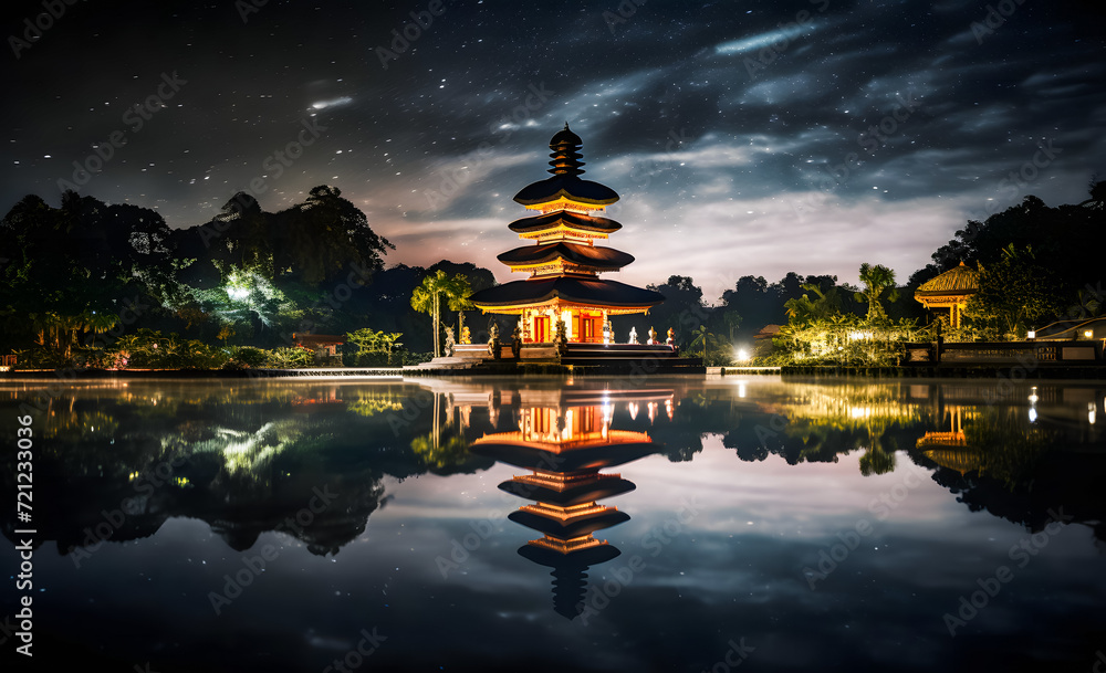 Pura temple at night with starry sky and reflection in water, Nyepi at Bali, Indonesia