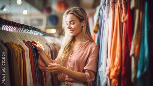 Young woman happily chooses beautiful clothes at a fashion boutique sale.