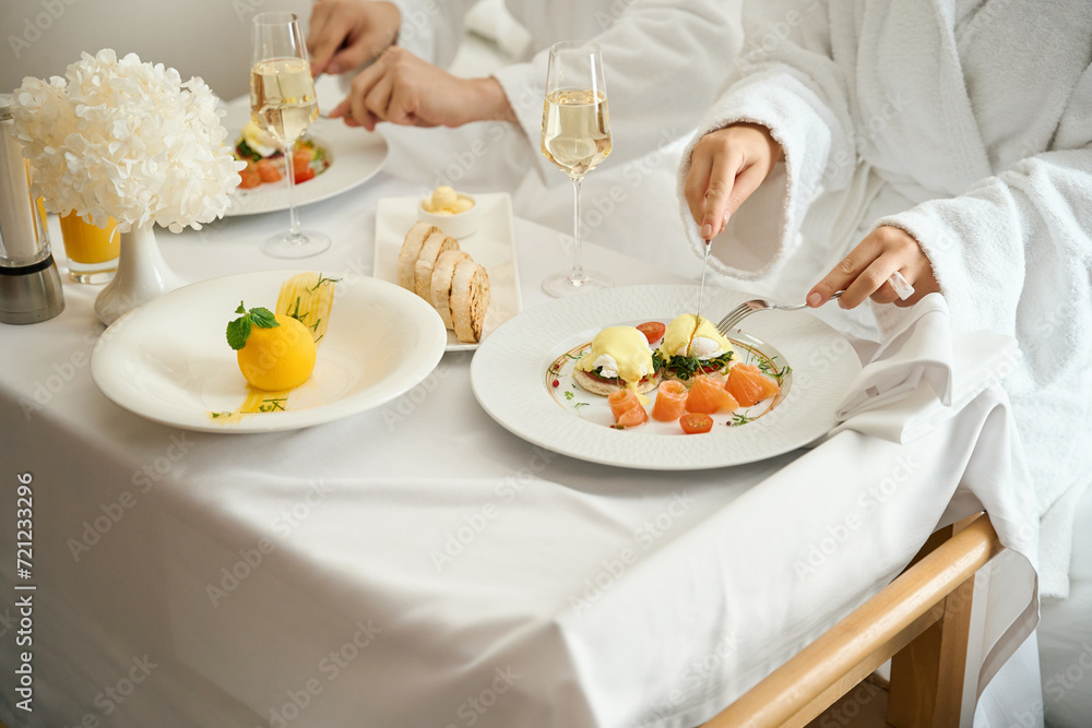 Hotel guests have breakfast in bathrobes Hotel guests have breakfast in bathrobes